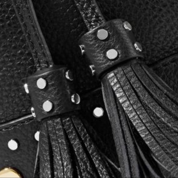 SANDRO Paris Alane Black Studs Pebble Leather Bucket Bag Tassel - Picture 3 of 12